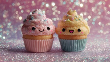 Smiling Cupcake Characters on Sparkly Background