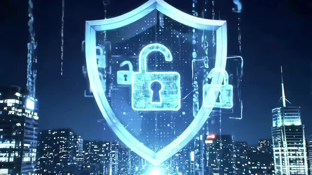 A conceptual video illustrating the importance of cybersecurity and data protection. Use visual metaphors like digital shields, locks, and secure networks.