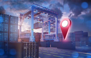 Logistics seaport. Customs warehouse in open air. Sea containers under evening sky. Geo tag...