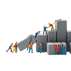 Miniature figures of people working together to move large blocks isolated on transparent background