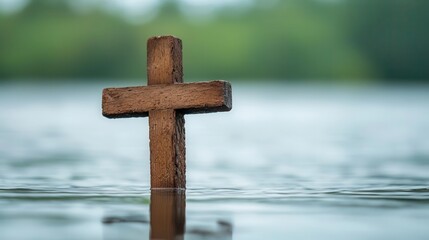 Sacred wooden cross standing in calm waters, reflection of Christian faith