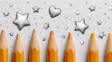 Colorful Pencils Drawing Stars and Hearts on White Background