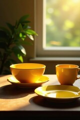Sunlit yellow ceramic plates & bowls on dark wood table, contrast, shadow