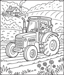 Cute boy with tractor in field coloring page activity book for kids, line art vector for design elements 
