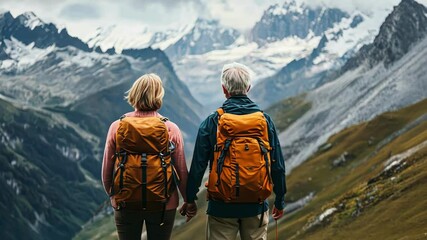 Senior couple hiking in mountains, enjoying view, backpacking, travel, adventure. Two people on mountain top. - Powered by Adobe