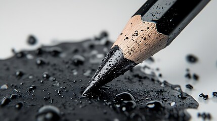 A black pencil tip surrounded by black liquid droplets