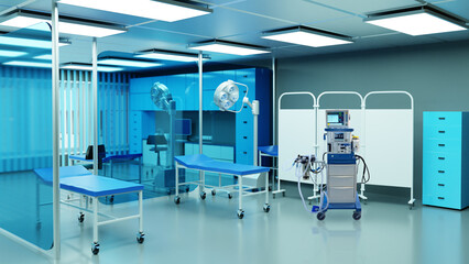 Interior of medical clinic. Ward for hospital patients. Clinic with modern medical equipment. Place for resuscitation of seriously ill people. Couch for patients and anesthesia equipment. 3d image