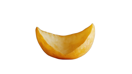 A single, curved, pale-yellow potato chip, seemingly roasted, isolated on a black background