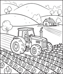 Tractor coloring page activity book for kids, line art vector for design elements 
