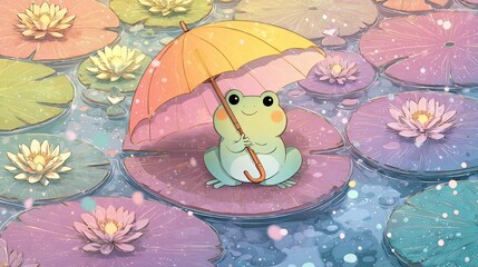 Cute Frog with Umbrella on Lily Pad