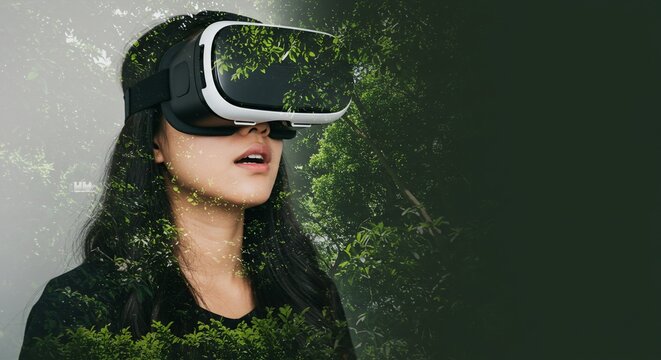 Woman using VR Headset outdoors with a forest background, for entertainment