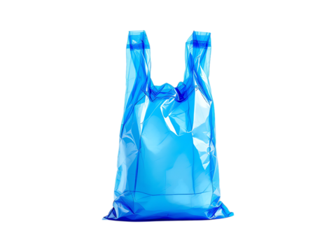 A single blue plastic shopping bag isolated on a black background.
