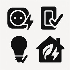 Black Minimalist Energy and Electricity Icons Set Including Electric Vehicle Plug, Switch with Checkmark, Light Bulb, and Eco Home Symbols