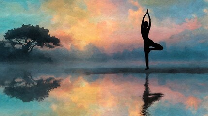 Serene image of a woman in a yoga pose by reflective waters, celebrating International Yoga Day. The watercolor backdrop enhances the peaceful ambiance. High quality