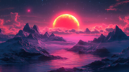 Crimson sunset over a mystical mountain range and serene waters