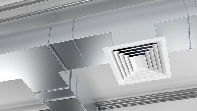Industrial ventilation system. Vents stainless steel shafts. Ventilation pipes with air intake grille. Conditioning equipment under roof building. Air handling unit. Industrial utilities. 3d image
