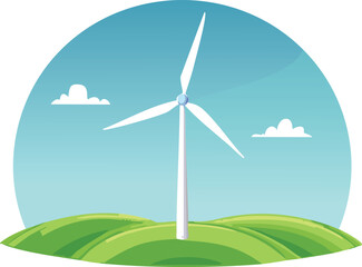 Obraz premium Single wind turbine on a green hill with a clear blue sky