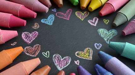 Colorful Crayons Drawing Hearts on Blackboard