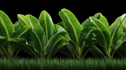 Lush banana plants with vibrant green foliage on a black background.