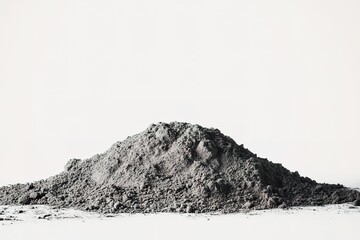 Heaped ash forms a mountainous texture against the clean background, casting soft shadows around its base