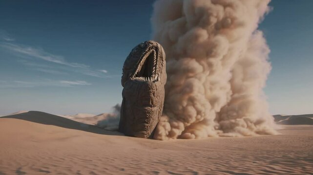 Majestic sandworm erupting from desert ground with swirling dust clouds  