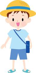 Cute boy wearing summer clothes with straw hats. Blue color. Vector illustration.