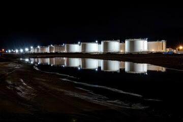 Night Reflection of Industrial Storage Tanks