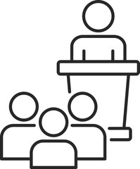 Fototapeta premium Leader on podium line icon with audience for public speaking, authority, and leadership concept, vector.