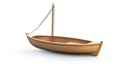 3D of a simple wooden sailboat on a white background, with no shadows, reflections, or light effects