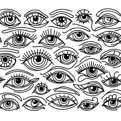 Adobe Illustrator Artwork Set of female eyes. Hand drawn illustration isolated on white background. Collection of women's eyes. Different types of eyes. 