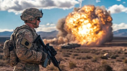 Soldier Observing a Military Explosion