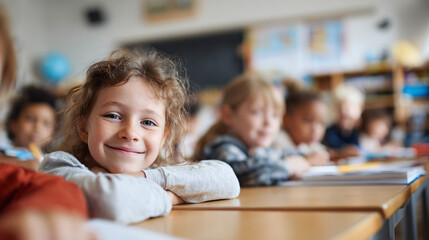 happy smiling child student sitting at wooden desk in bright elementary school classroom education learning environment young blonde girl cheerful academic lesson