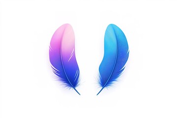Two colorful feathers, one pink to blue gradient and the other blue, lay centered on white