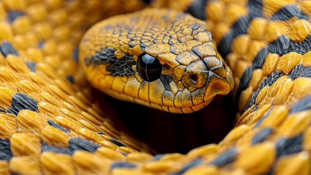 Close-up of yellow snake head and scales, detailed and vibrant animal wildlife.