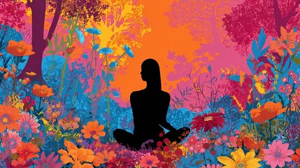 Colorful silhouette of woman meditating among vibrant flowers in nature scene. March 8, International Women's Day. Mother's Day. High quality