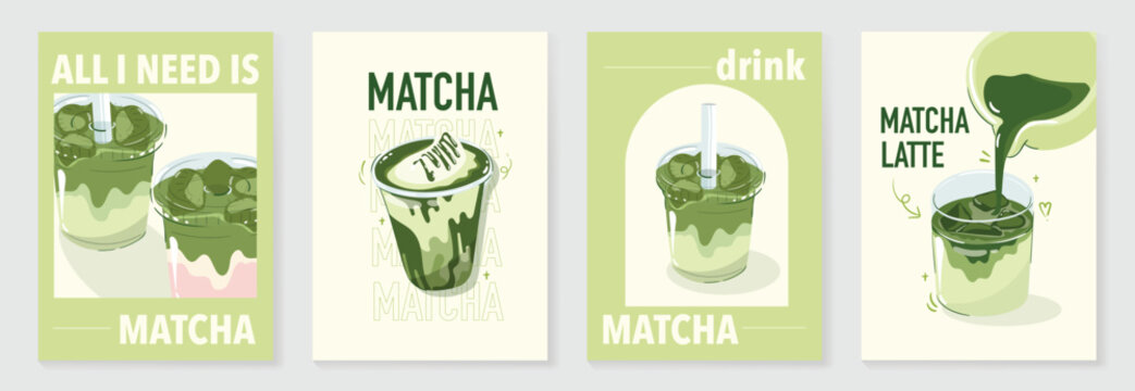 Matcha drinks poster design vector set. collection wallpaper with cute doodle decoration, matcha latte. Illustration for promotion, marketing, package, ads.