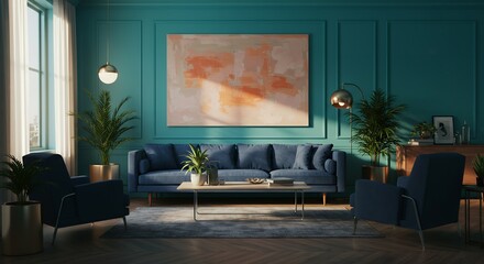 Fototapeta premium Serene Teal Living Room Interior Design Modern Comfort Meets Sophisticated Style