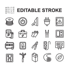 collection of electricity related icons. Thin line style vector. Contains icons such as cable, energy efficiency, generator.