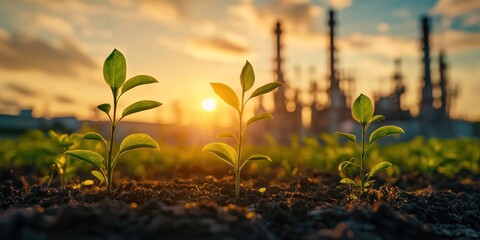 Sunrise Over Industrial Landscape: Young Plants Emerging Amidst Factories