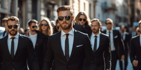 Confident Man in Suit Escorted by Security Personnel