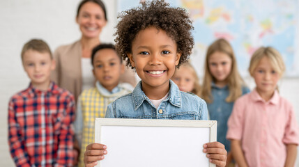 smiling student holding blank white sign diverse group elementary school children classroom professional educator empty poster students gathered educational setting happy pupils positive learni