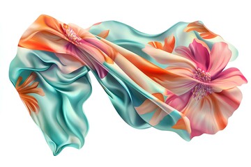 green silk cloth with floral pattern floating like blown by the wind on a white background