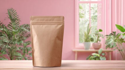 Beige pouch on wooden table, pink room