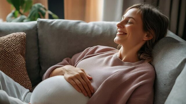 A smiling pregnant woman lies pleasantly on a comfortable couch.