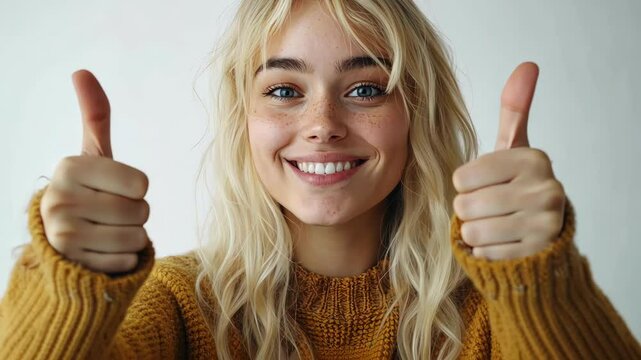 Smiling young woman with blonde hair gives thumbs up in studio. Happy person showing positive attitude, approval and success. Beautiful and natural light.