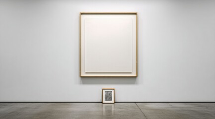 A large, off-white minimalist artwork in a light wood frame hangs on a white wall above a smaller framed piece on a polished concrete floor.  The gallery setting is clean and brightly lit