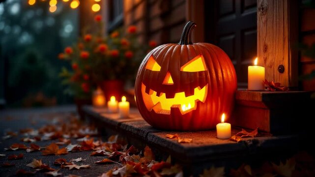 Slow zoom in on lit jack o lantern with flickering candles and autumn leaves, perfect for Halloween themed media or festive promos. Spooky twilight lighting.