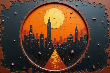 Obraz premium Stylized cityscape illustration in a circular frame, orange and black, urban concept art