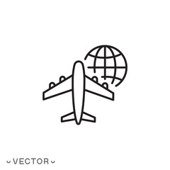 international flights icon, travel on plane throughout world, flight airplane around globe concept, thin line symbol isolated on white background, editable stroke eps 10 vector illustration