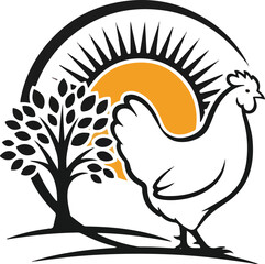 A vector stylized logo features a white chicken outlined in black, a black tree, and an orange sun with rays, all set against a white background. 